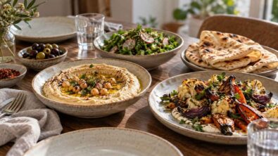 Flatbread, hummus and vegetable sharing dishes on a table
