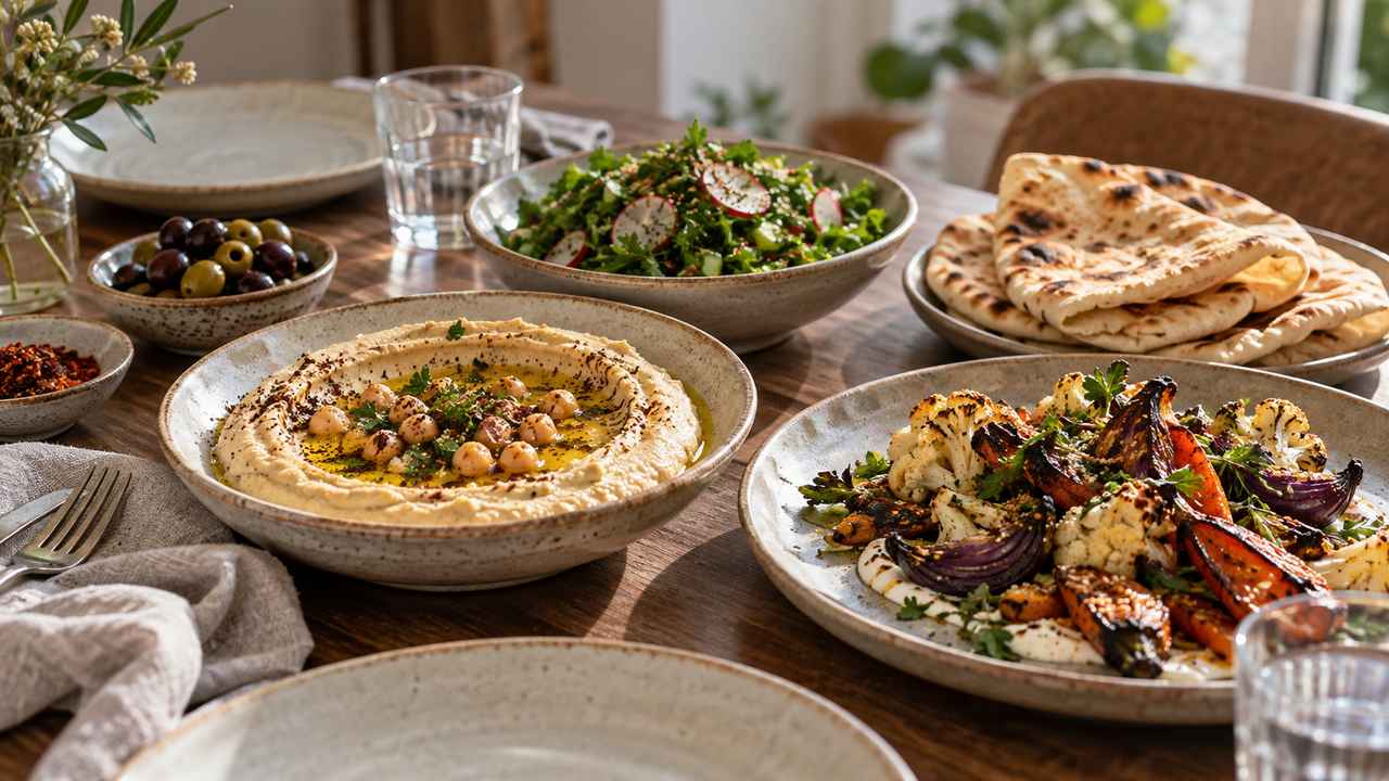 Flatbread, hummus and vegetable sharing dishes on a table
