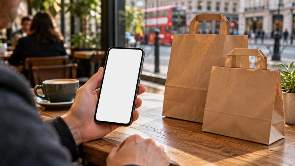 A smartphone beside plain takeaway paper bags