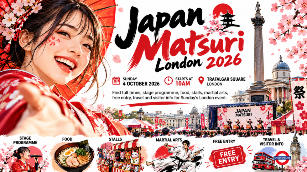 Japan Matsuri London 2026 starts at 10am on 4 October at Trafalgar Square. Find full times, stage programme, food, stalls, martial arts, free entry, travel and visitor info for Sunday's London event.