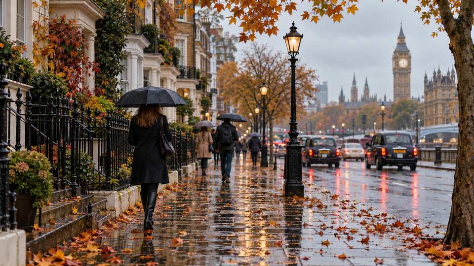 Pedestrians carrying umbrellas on a wet London street in autumn