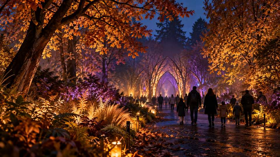 Families follow a garden path beneath autumn trees illuminated in amber and violet at dusk