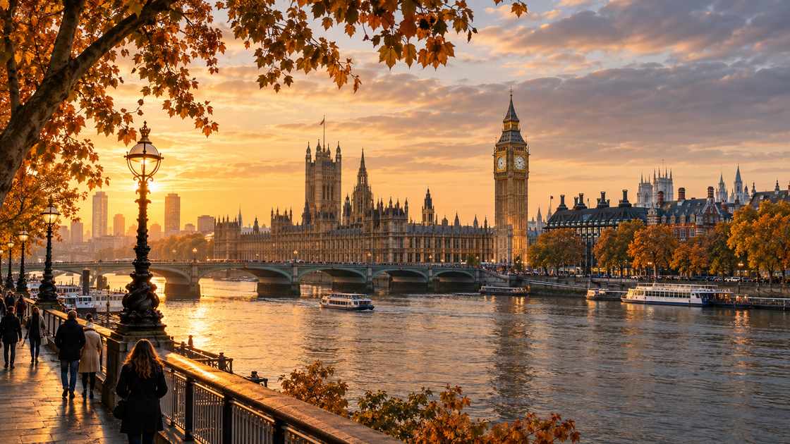 Autumn trees frame the River Thames, Big Ben and the Palace of Westminster in golden light