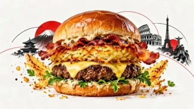 AI-generated editorial illustration of a beef burger with potato r&ouml;sti, bacon and cheese