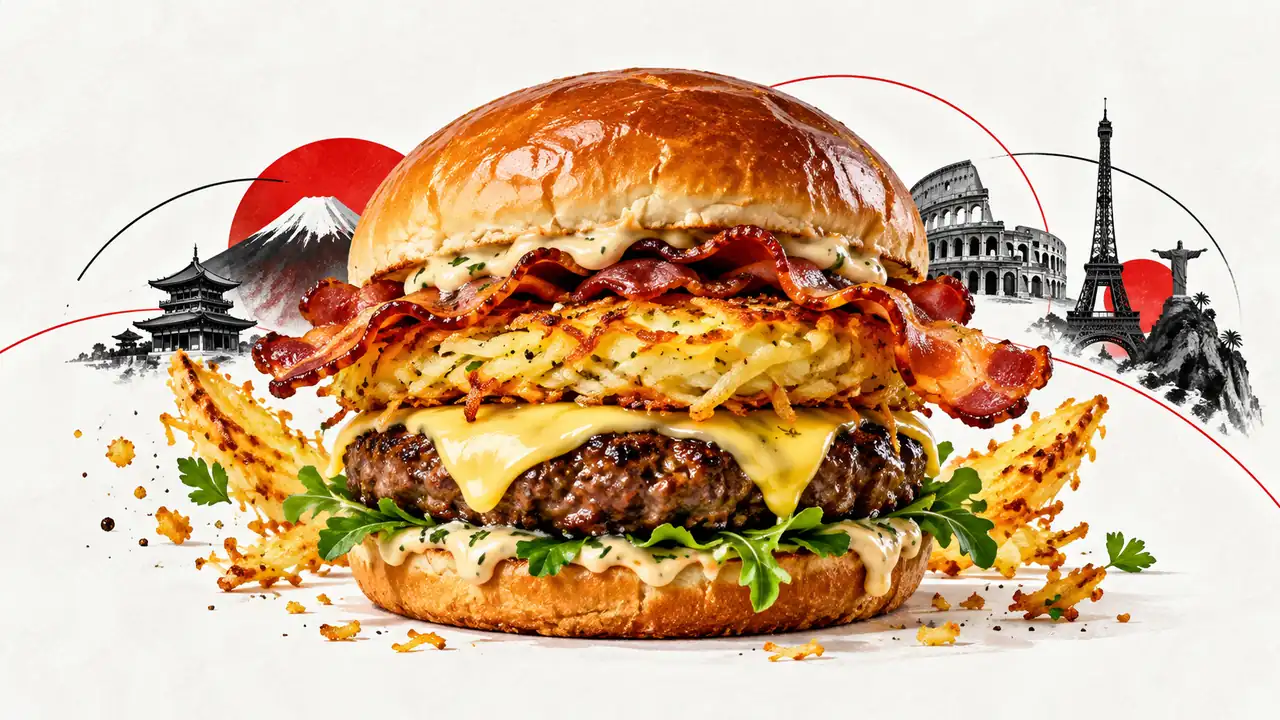 AI-generated editorial illustration of a beef burger with potato rösti, bacon and cheese