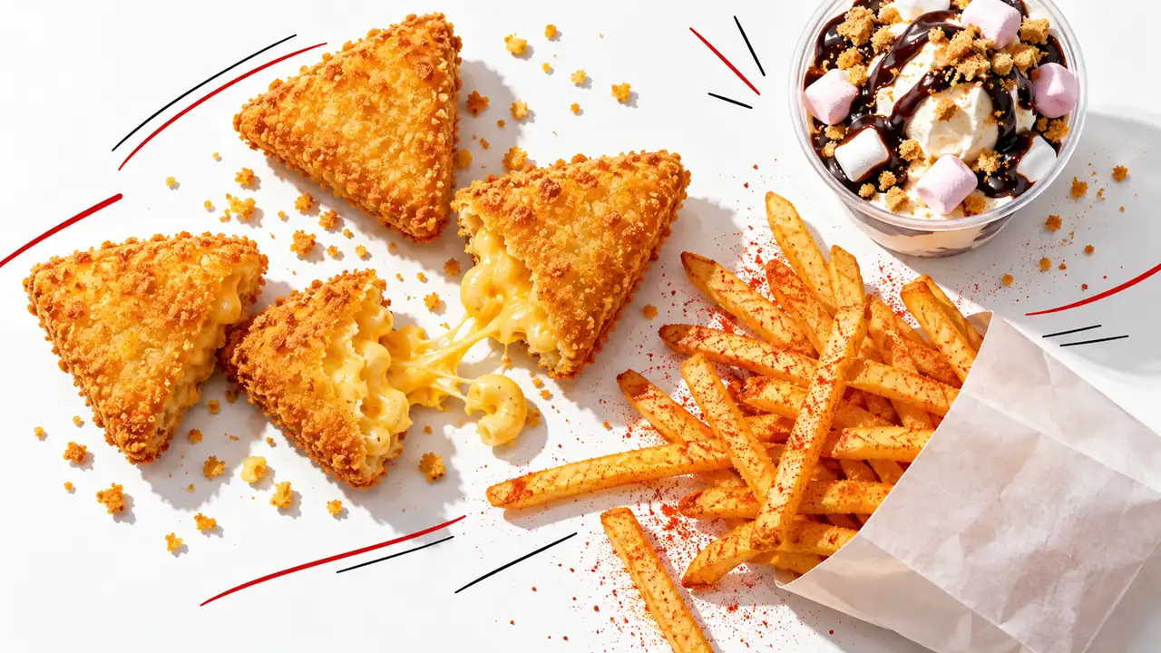 Editorial illustration of macaroni cheese triangles, paprika fries and an ice-cream dessert
