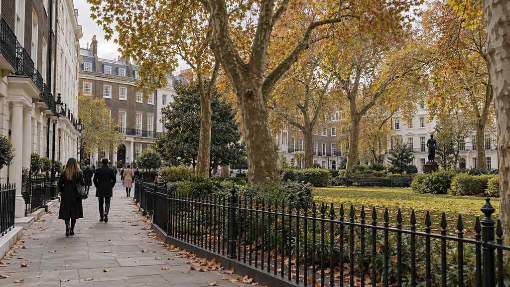 Autumn trees and Georgian buildings around Berkeley Square