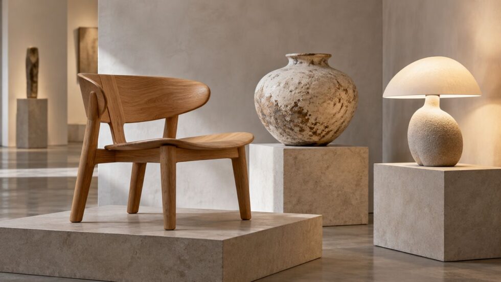 A chair, ceramic vessel and lamp in a gallery display