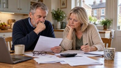 An older couple reviewing paperwork and a calculator at a kitchen table