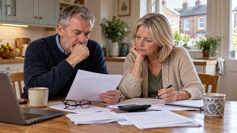 An older couple reviewing paperwork and a calculator at a kitchen table