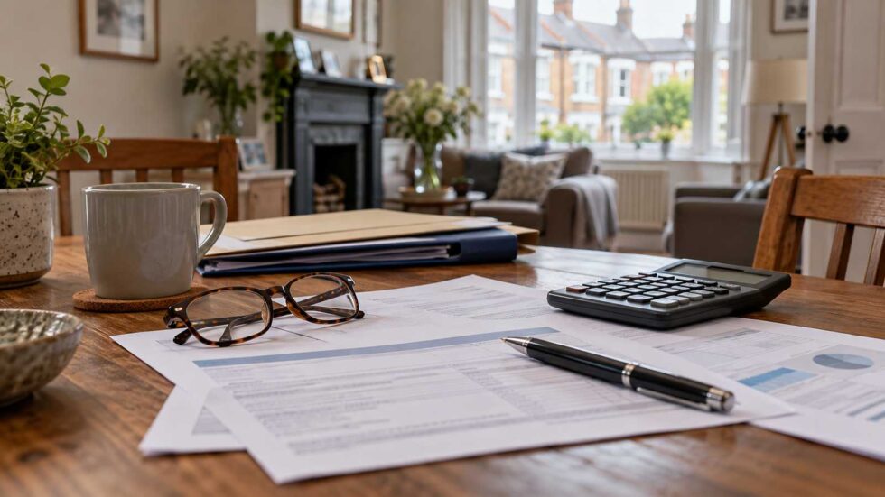 Paperwork, reading glasses, a pen and a calculator on a wooden table