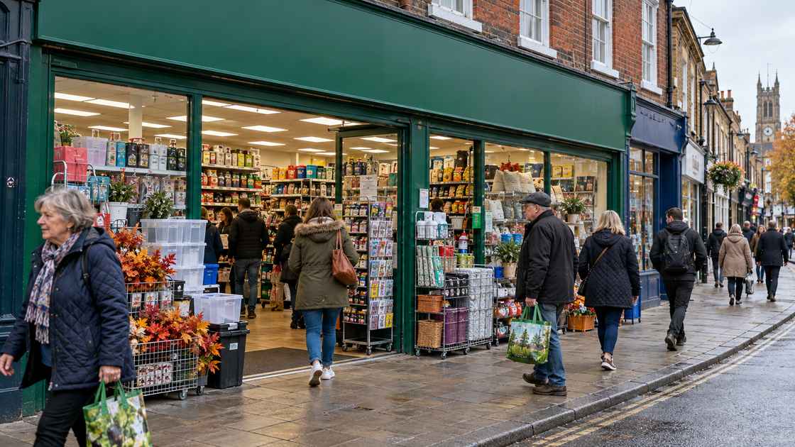 An open discount shop with a green fascia and shoppers on a British high street