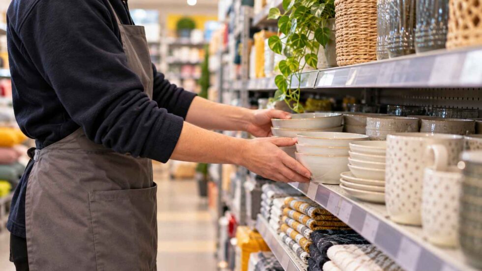 A retail employee arranging household goods on discount-shop shelves