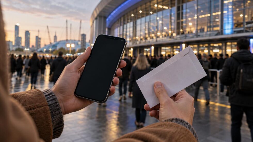 Hands holding a smartphone and plain envelope outside an arena