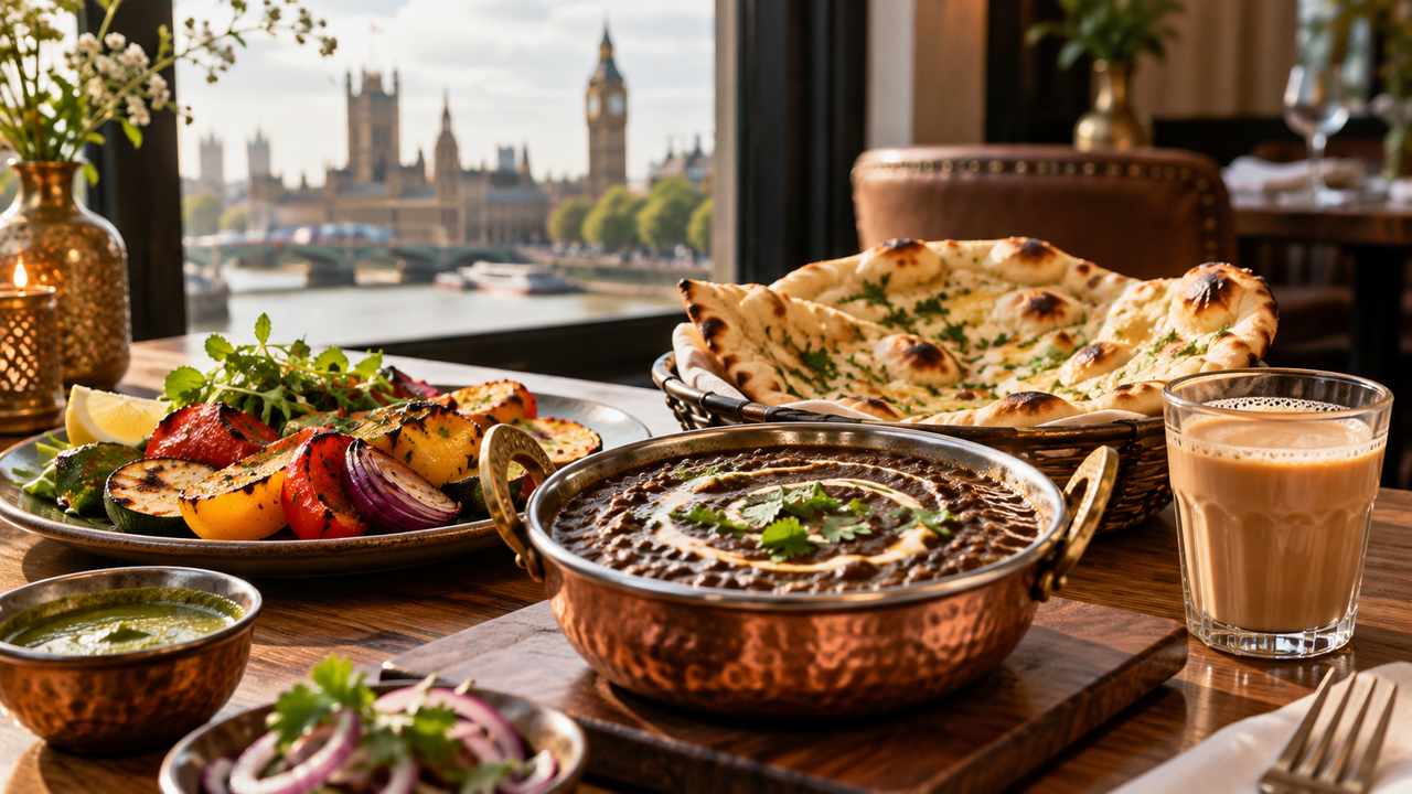 Lentils, naan and grilled vegetables arranged on a restaurant table