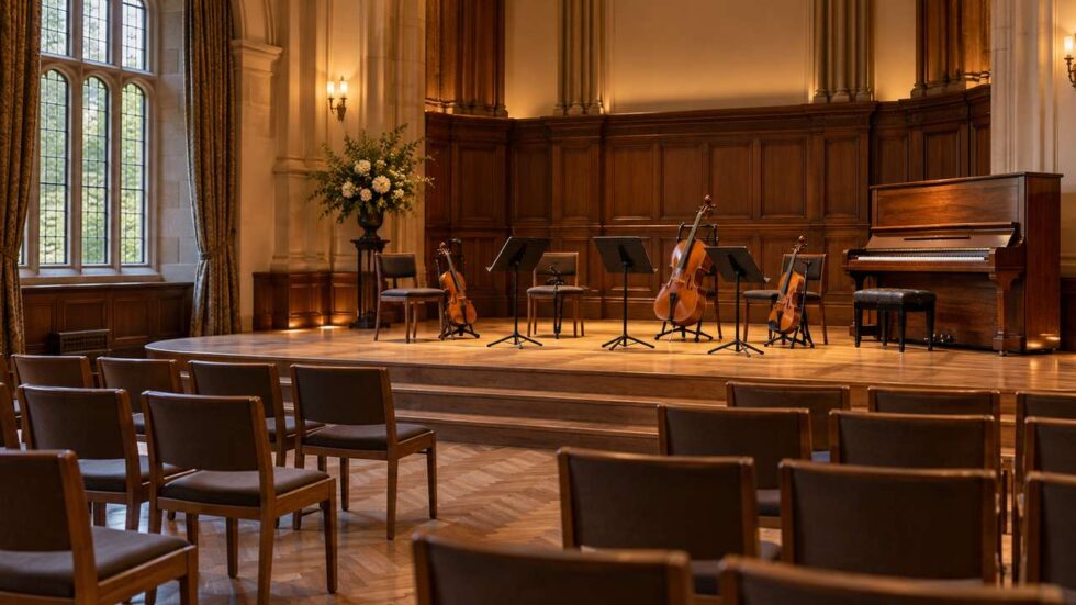 An empty small concert hall with a piano and string instruments