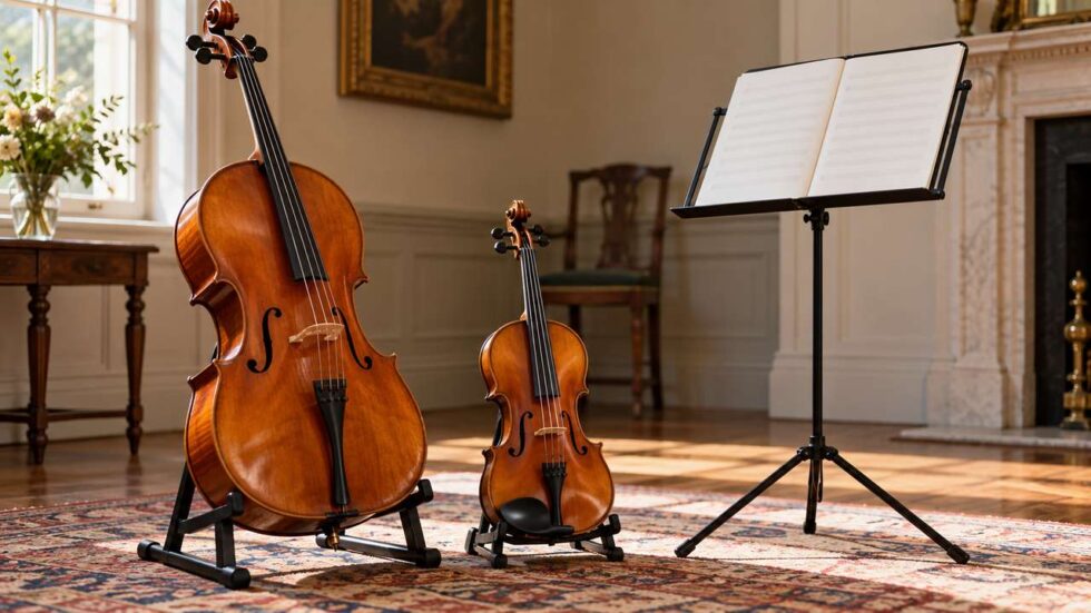 A cello and violin on stands beside a music stand