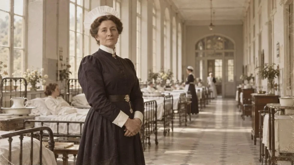 An Edwardian nursing matron in a dark uniform and white cap stands in a bright hospital ward in Brussels around 1914