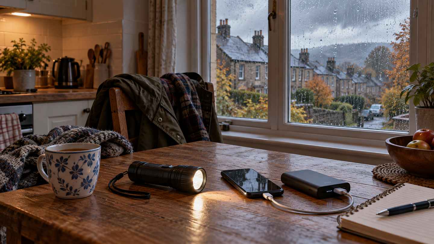 A battery torch, phone and power bank on a kitchen table beside a rain-streaked window